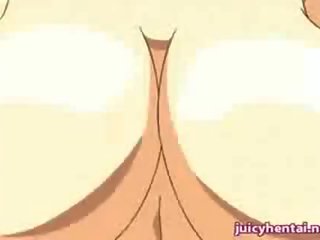 Anime blonde pleasuring a phallus with her boobs